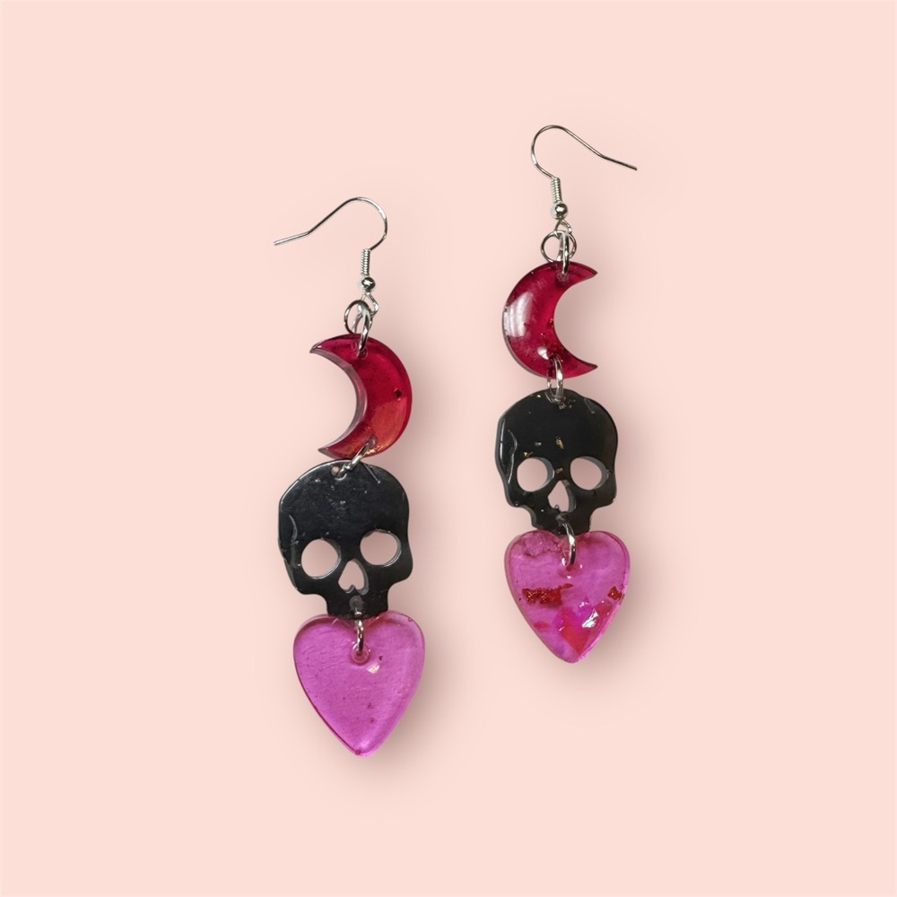 Handmade moon skull and hearts earrings